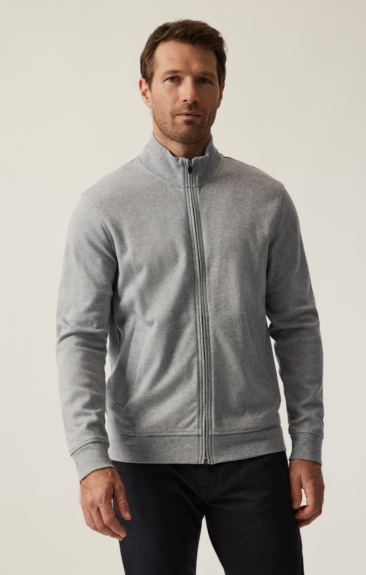 34 Heritage Men's High Neck Zip-Up Sweatshirt In Grey Melange