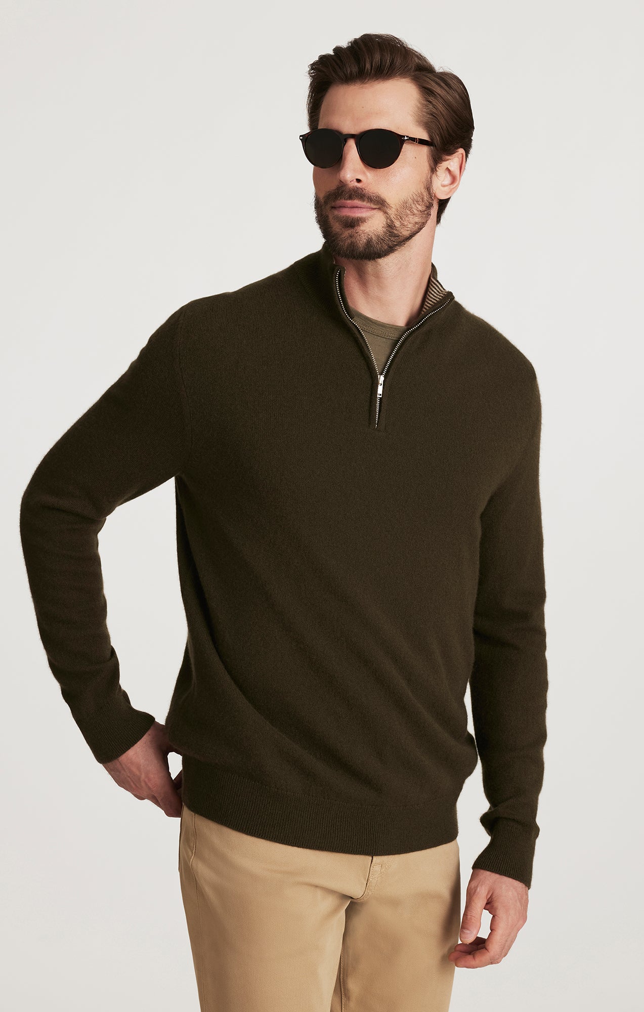 34 Heritage Men's Cashmere Quarter Zip Sweater In Khaki