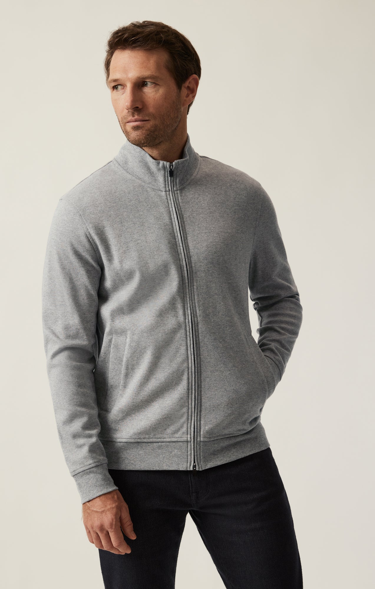 34 Heritage Men's High Neck Zip-Up Sweatshirt In Grey Melange