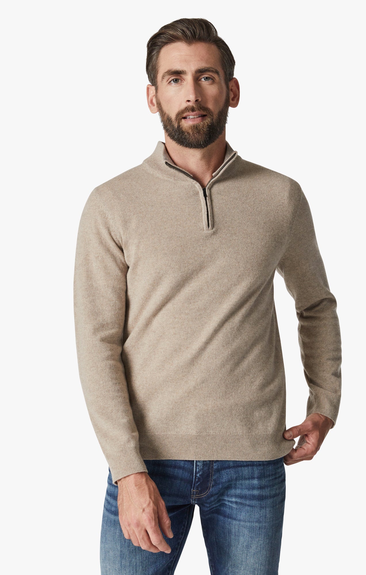 Cashmere Quarter Zip Sweater In Beige Image 2