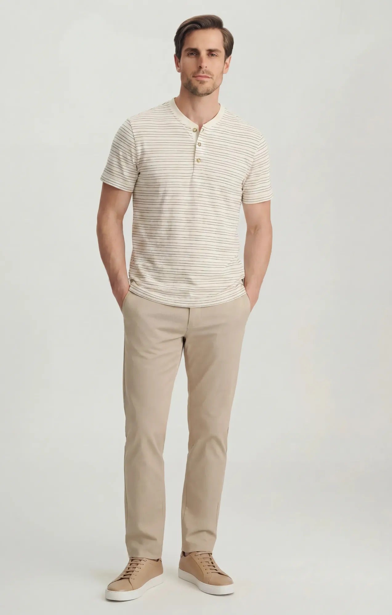 34 Heritage Men's Striped Henley In Beige
