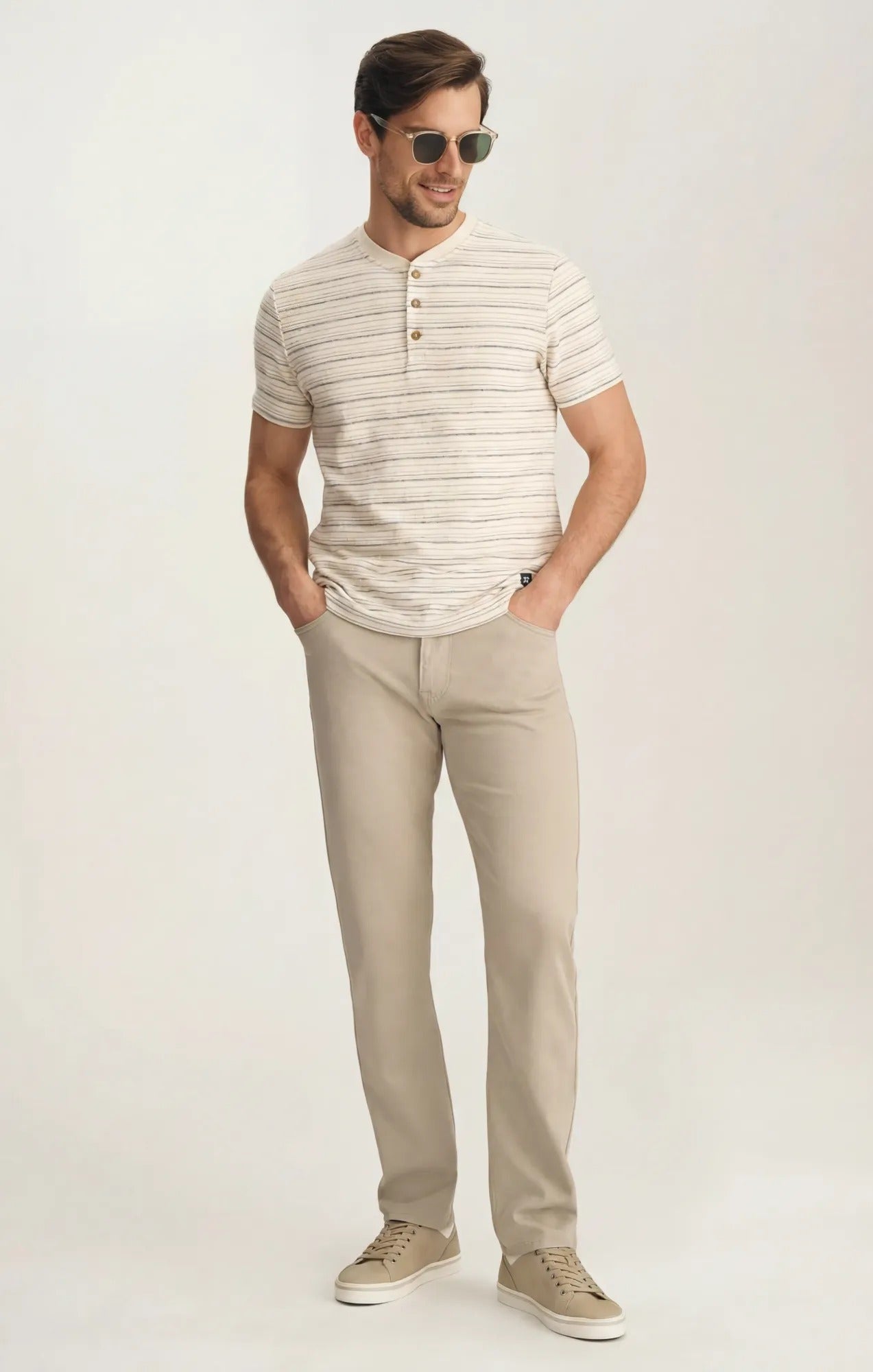 34 Heritage Men's Striped Henley In Beige
