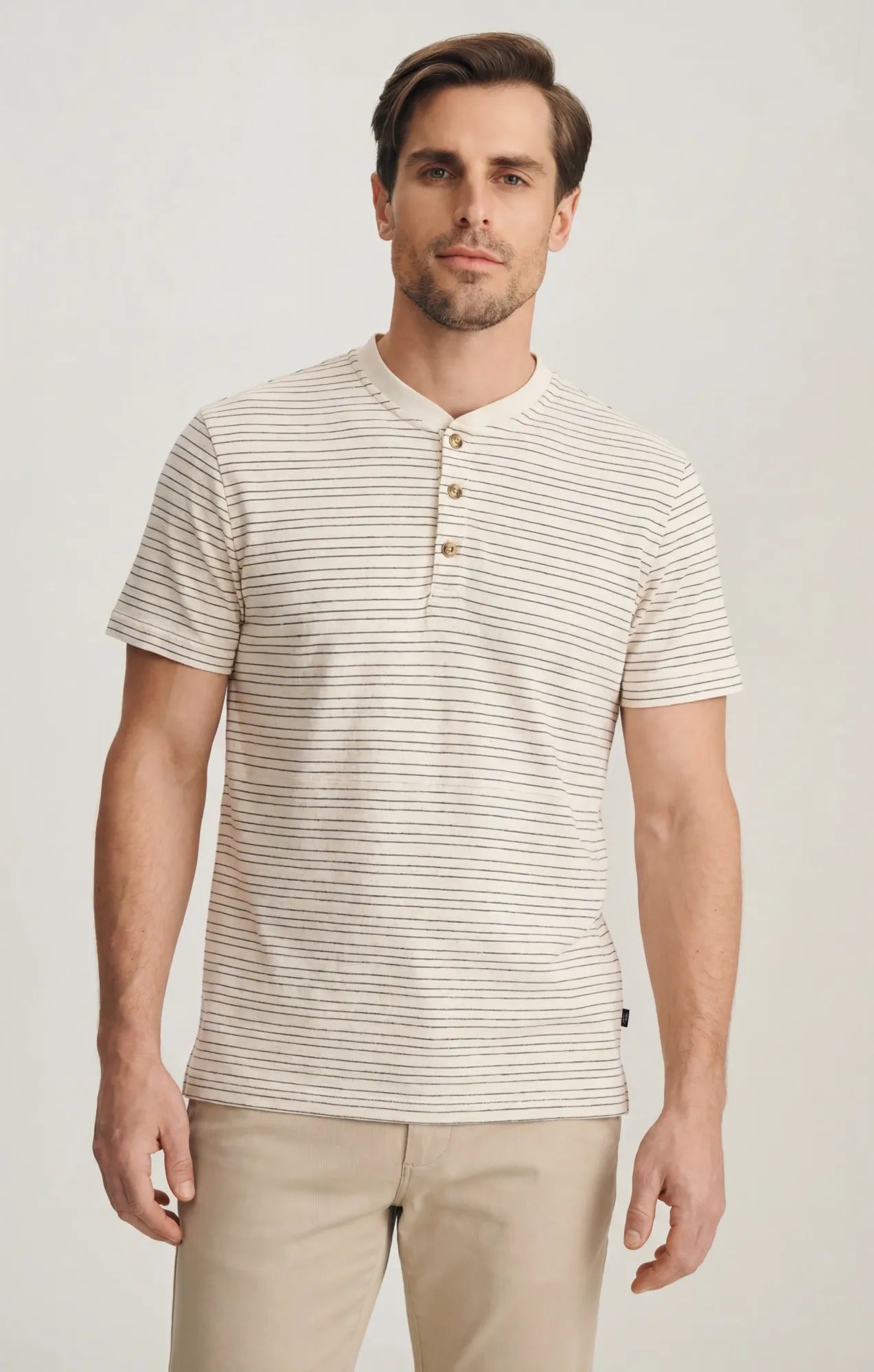 めばる33 34 Heritage Men's Striped Henley In Beige