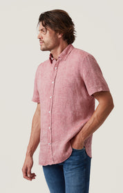 Linen Short Sleeve Shirt in Red