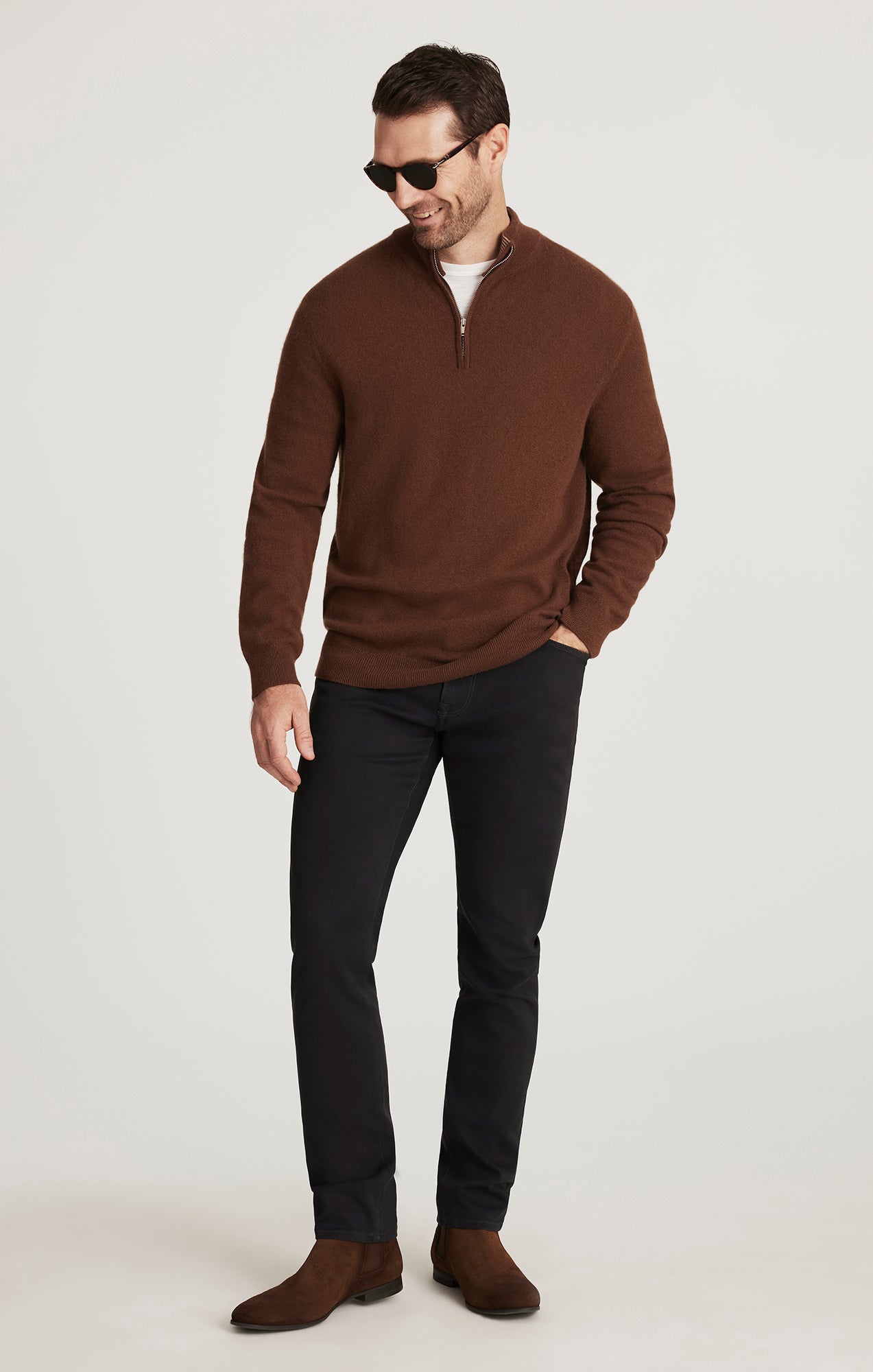 34 Heritage Men's Cashmere Quarter Zip Sweater In Brown 34 Heritage Men's Cashmere Quarter Zip Sweater In Brown