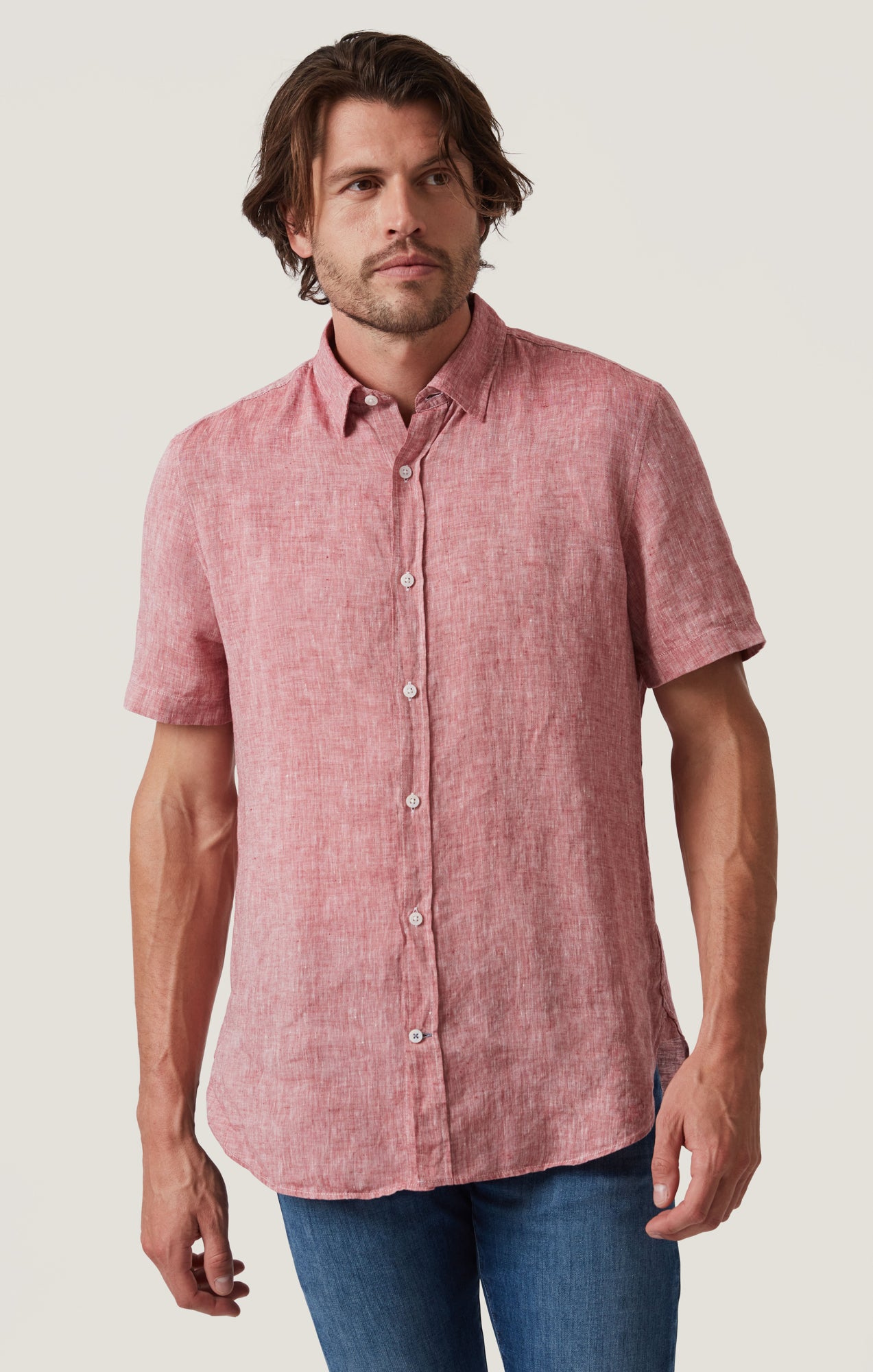 Linen Short Sleeve Shirt in Red