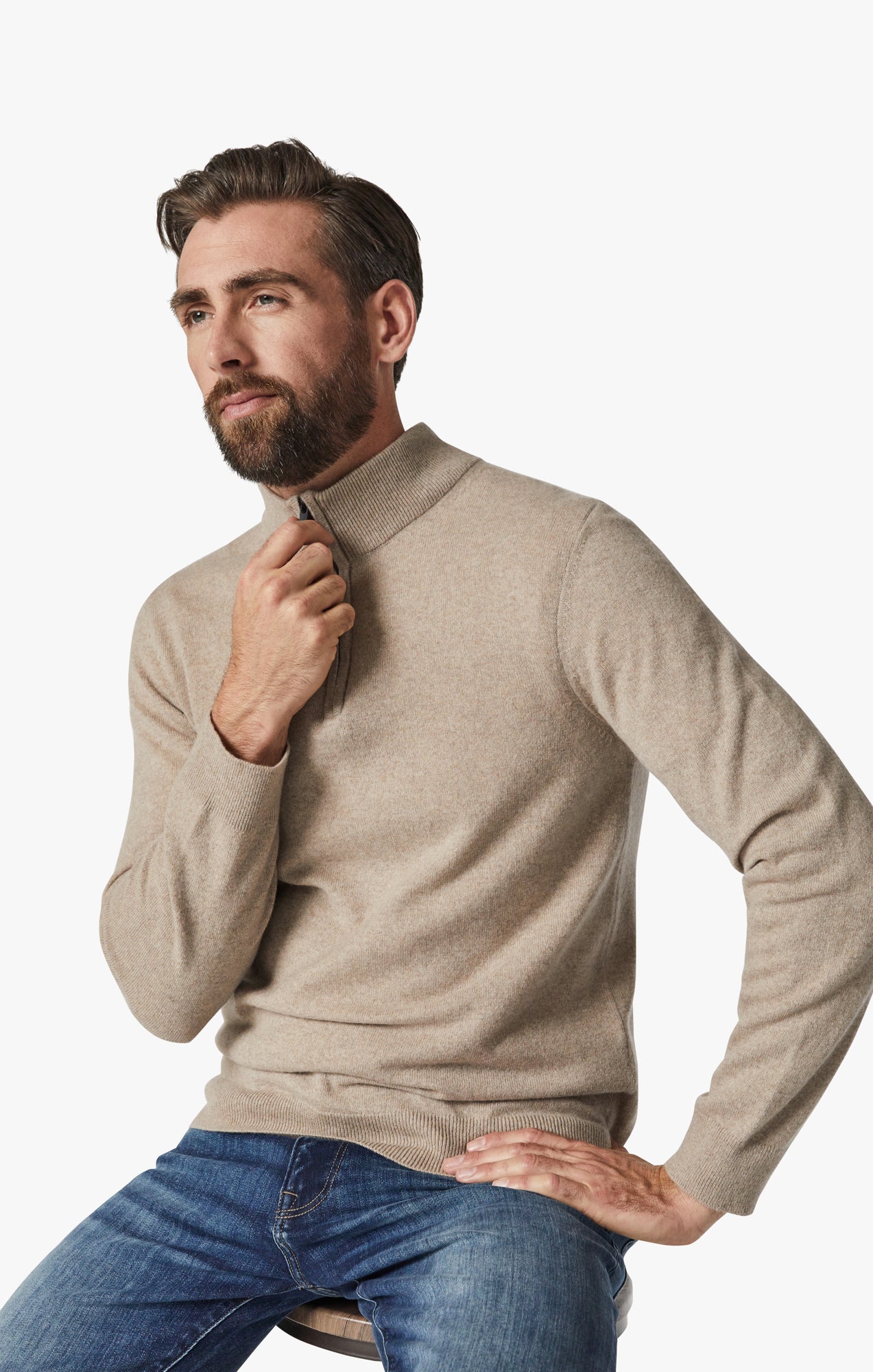 Cashmere Quarter Zip Sweater In Beige Image 8