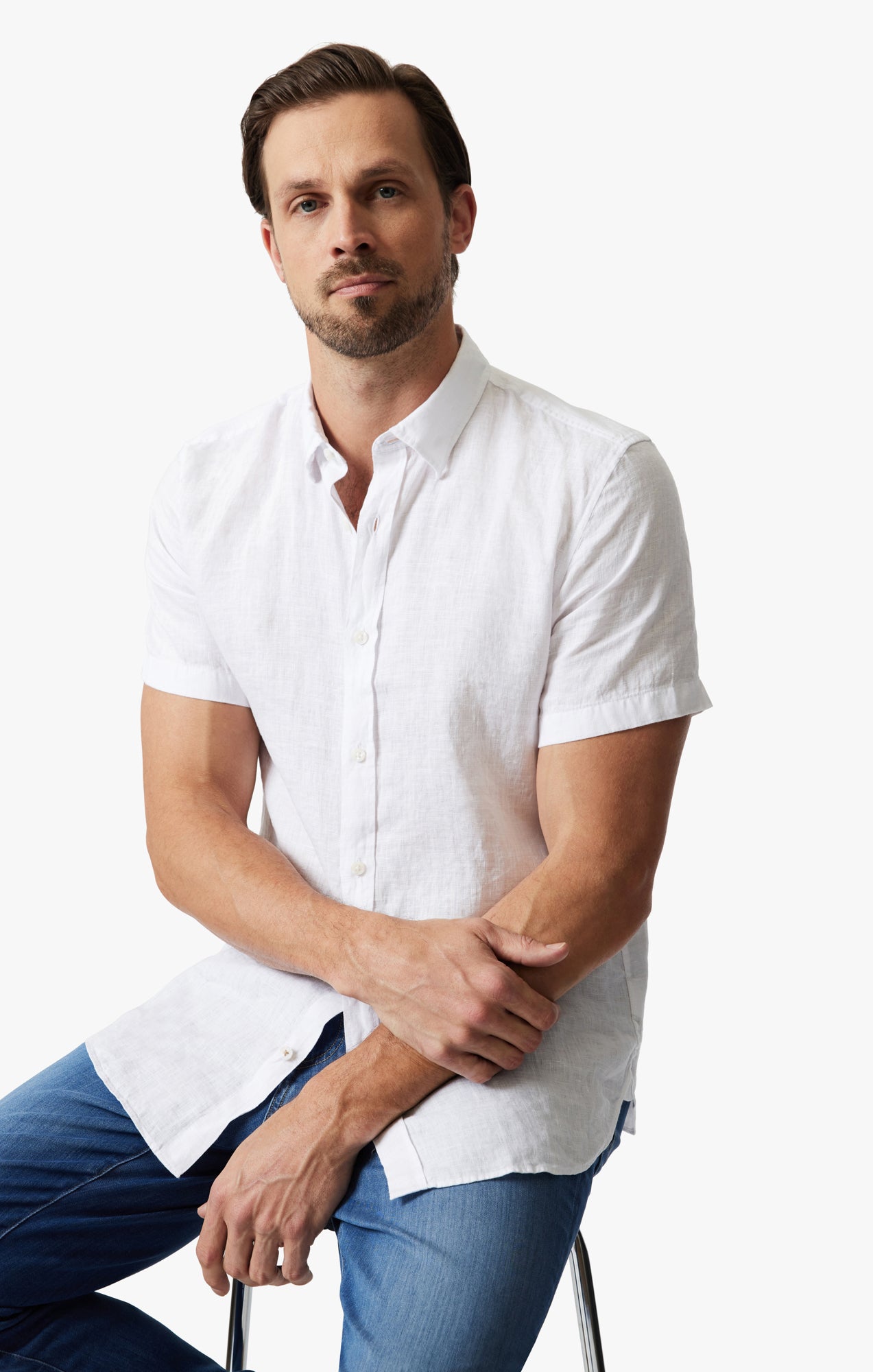Linen Short Sleeve Shirt In Bright White