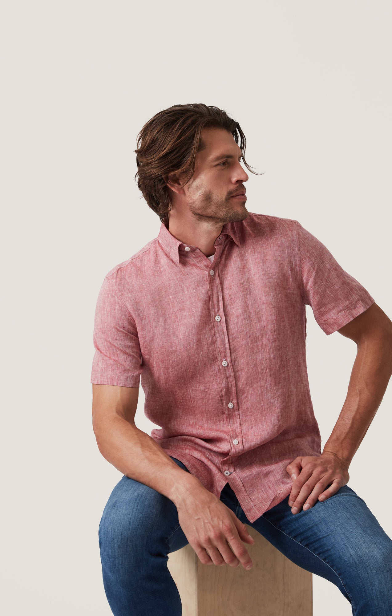 Linen Short Sleeve Shirt in Red