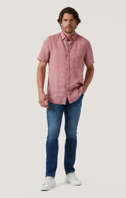 Linen Short Sleeve Shirt in Red